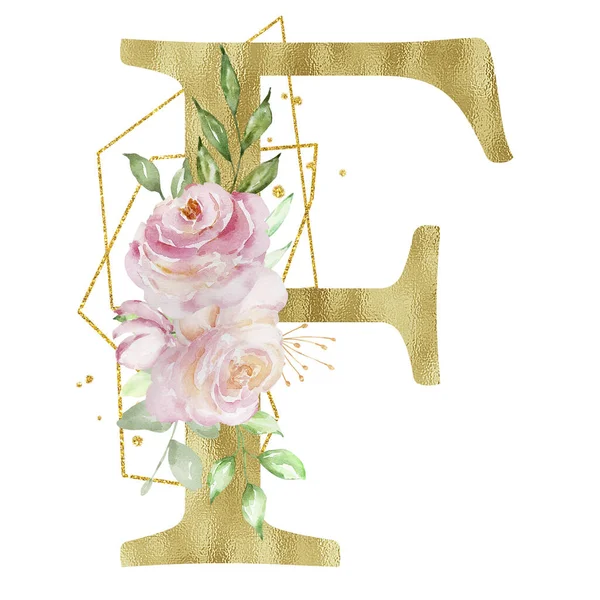 Floral Watercolor Alphabet Golden Letter Roses Leaves Golden Geometric —  Fotos de Stock