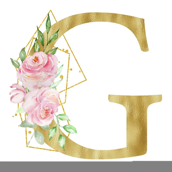 Floral watercolor alphabet, golden letter G with roses, leaves and golden geometric