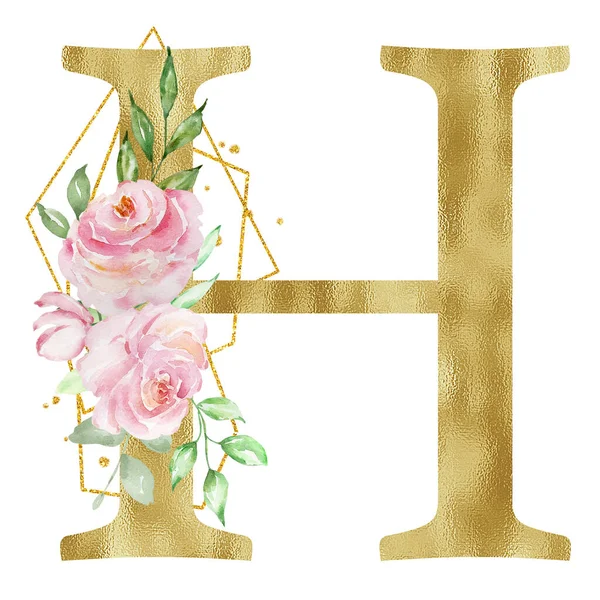 Квіткова Акварельна Абетка Золота Літера Трояндами Листям Золотистим Геометричним — стокове фото