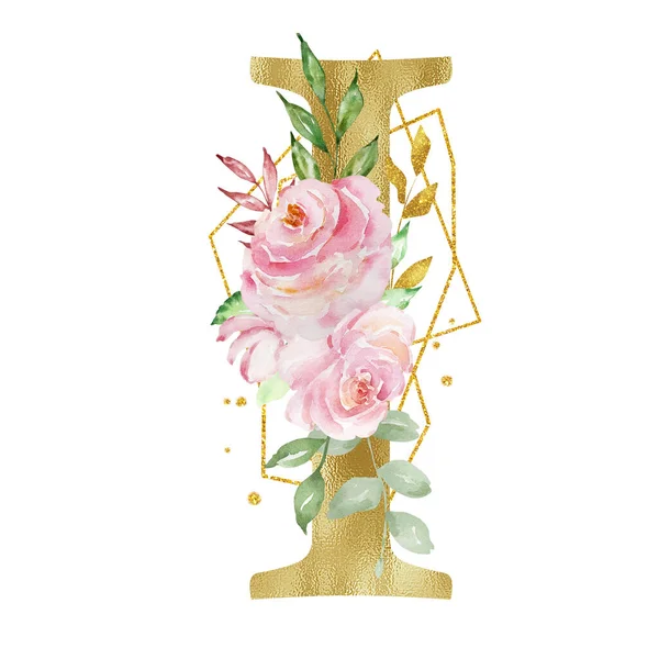 Floral watercolor alphabet, golden letter I with roses, leaves and golden geometric