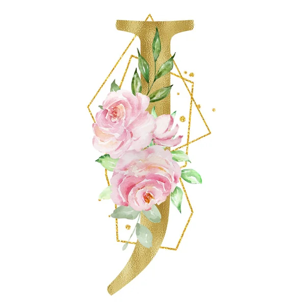 Floral Watercolor Alphabet Golden Letter Roses Leaves Golden Geometric — Foto de Stock