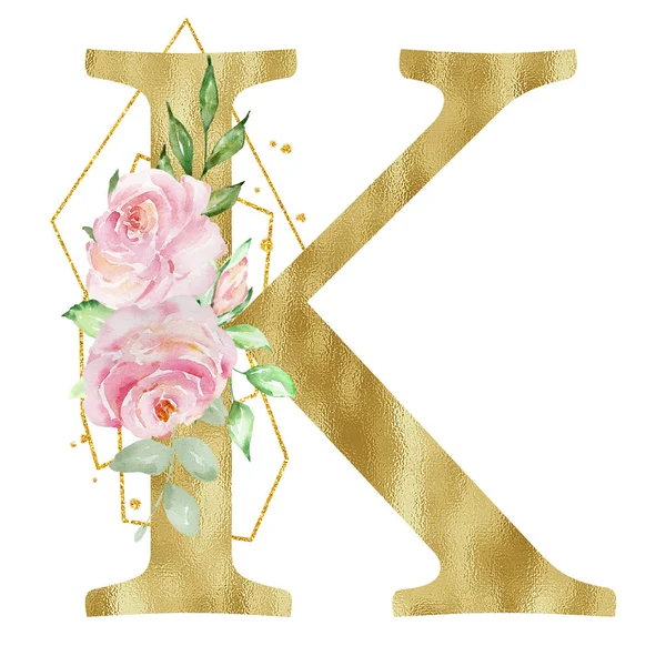 Floral watercolor alphabet, golden letter K with roses, leaves and golden geometric