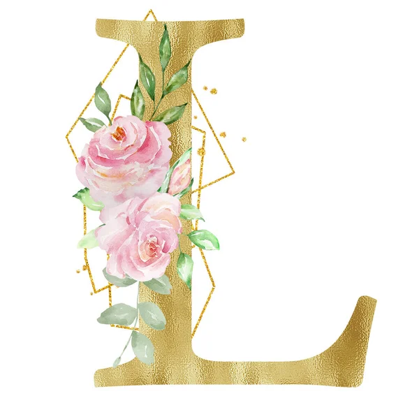 Floral Watercolor Alphabet Golden Letter Roses Leaves Golden Geometric —  Fotos de Stock