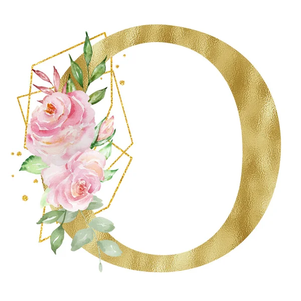 Floral watercolor alphabet, golden letter O with roses, leaves and golden geometric