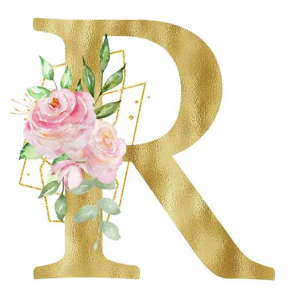 Floral Watercolor Alphabet Golden Letter Roses Leaves Golden Geometric — ストック写真