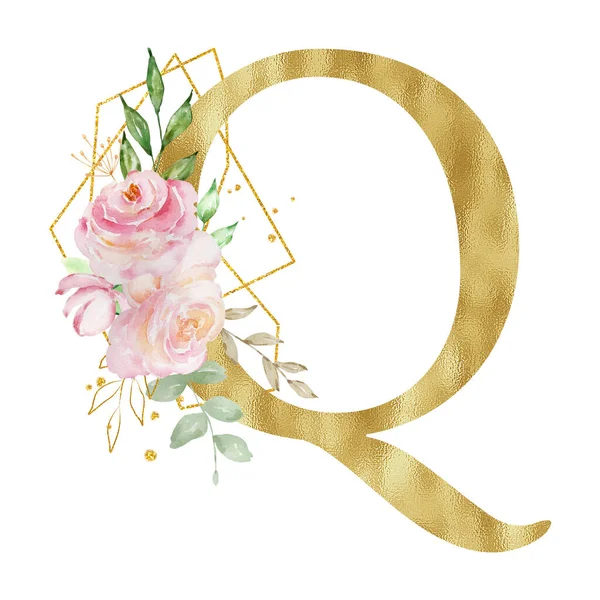 Floral Watercolor Alphabet Golden Letter Roses Leaves Golden Geometric —  Fotos de Stock