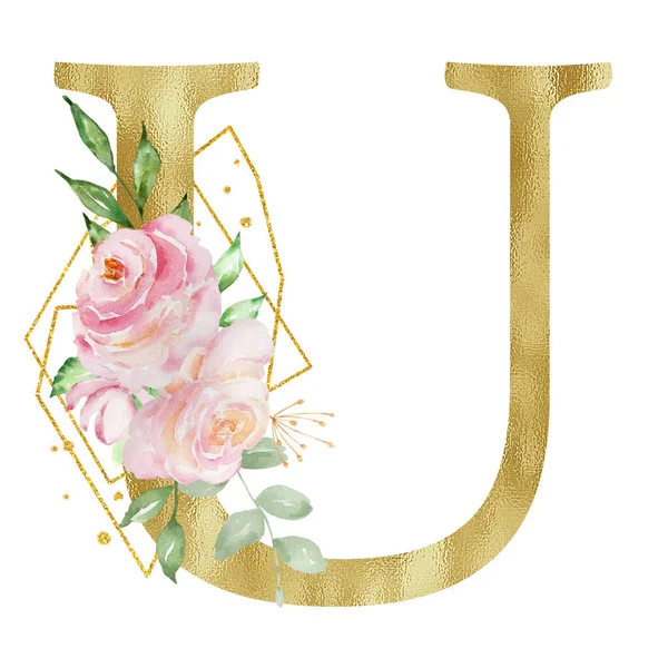 Floral Watercolor Alphabet Golden Letter Roses Leaves Golden Geometric — Foto de Stock