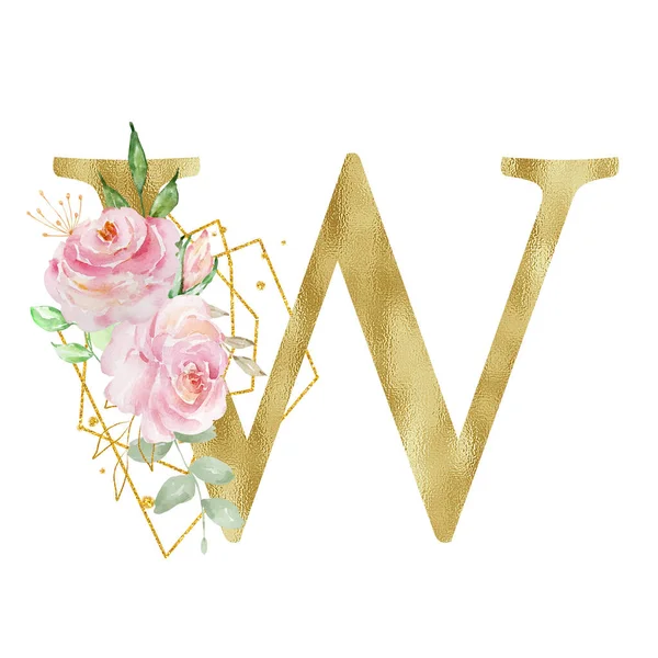 Floral Watercolor Alphabet Golden Letter Roses Leaves Golden Geometric — Zdjęcie stockowe