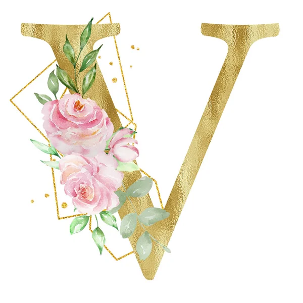 Floral Watercolor Alphabet Golden Letter Roses Leaves Golden Geometric — Foto de Stock