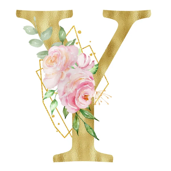 Floral Watercolor Alphabet Golden Letter Roses Leaves Golden Geometric — ストック写真