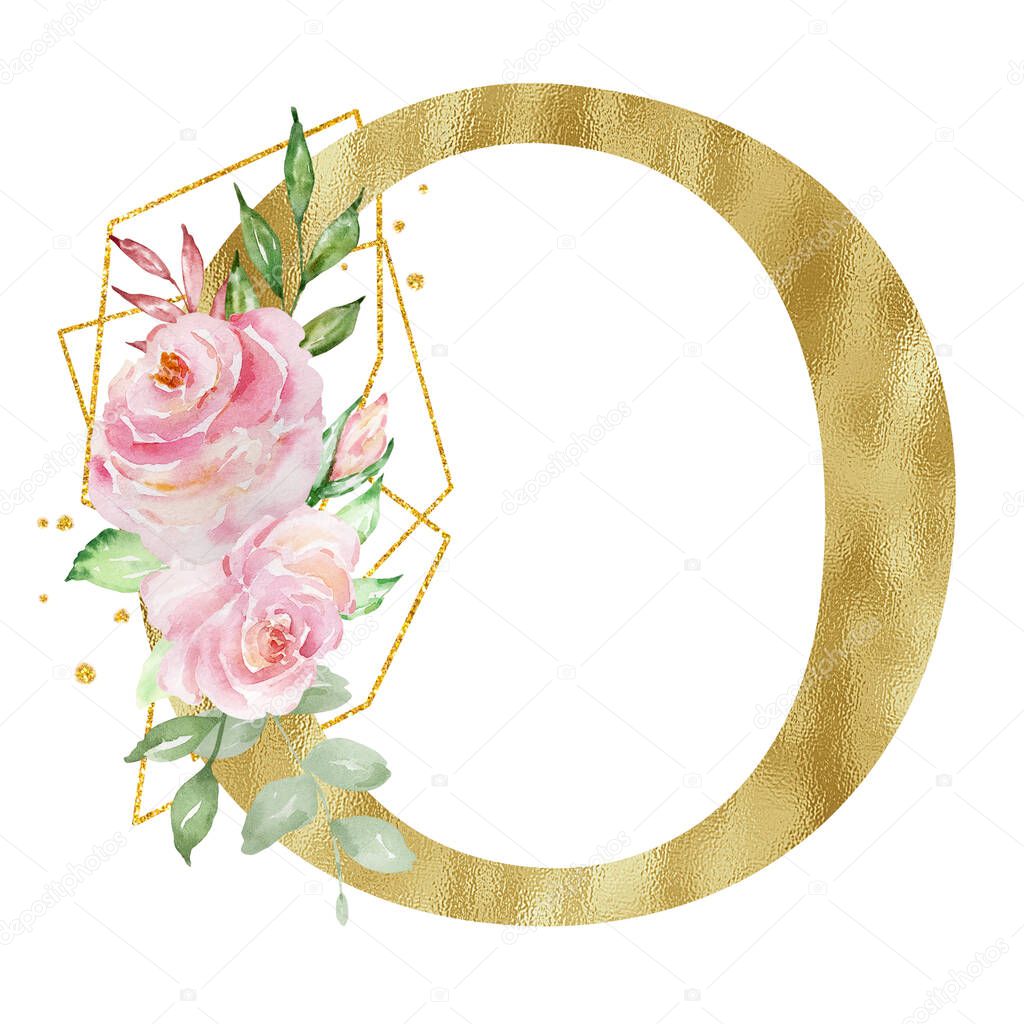 Floral watercolor alphabet, golden letter O with roses, leaves and golden geometric