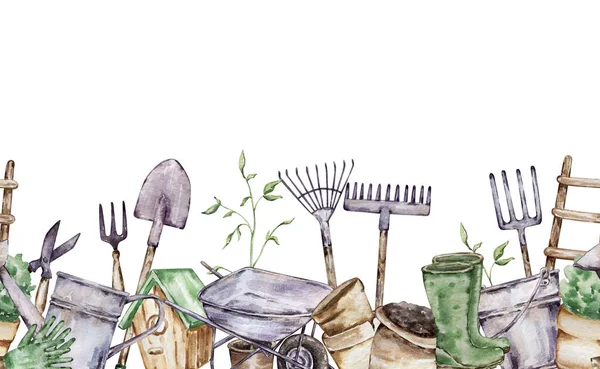 Watercolor seamless border of gardening tools and plants