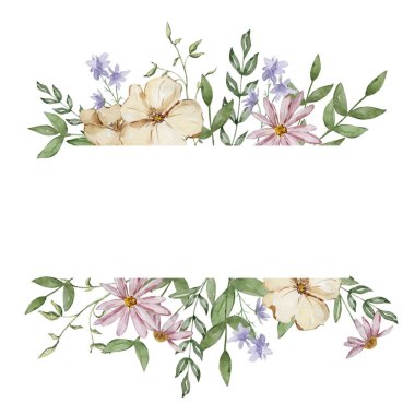 Bahçe bej, pembe ve mor çiçeklerin suluboya çerçeve pankartı