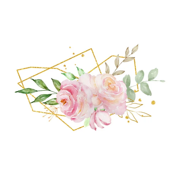 Υδατογραφία Μπουκέτο Από Ντελικάτα Τριαντάφυλλα Και Χρυσό Γεωμετρικό Πλαίσιο — Φωτογραφία Αρχείου