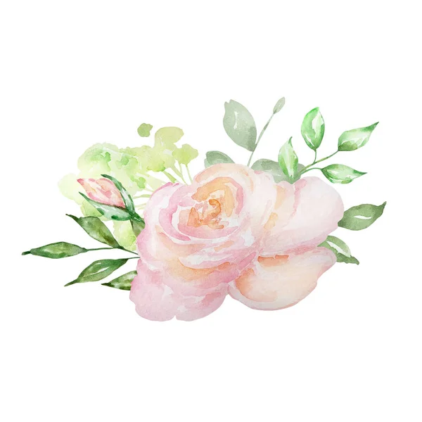 Akvarell Csokor Finom Rózsa Zöld Levelek — Stock Fotó