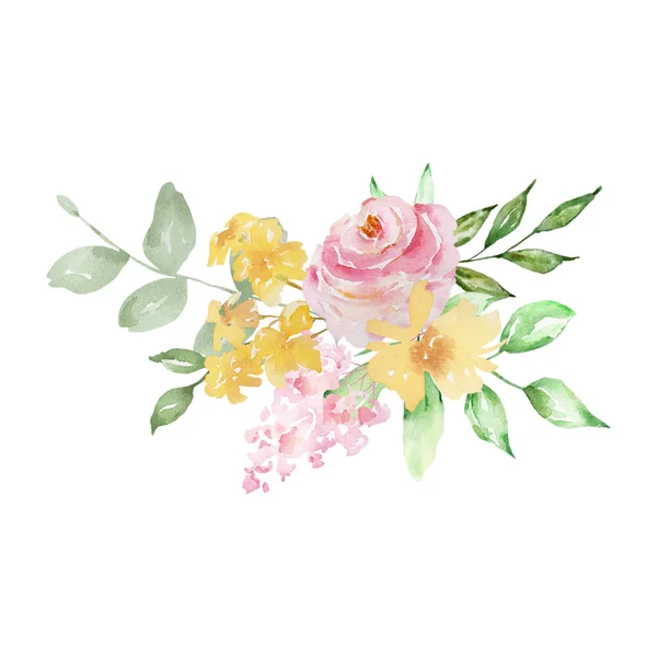 Watercolor Bouquet Delicate Roses Green Leaves — Foto de Stock