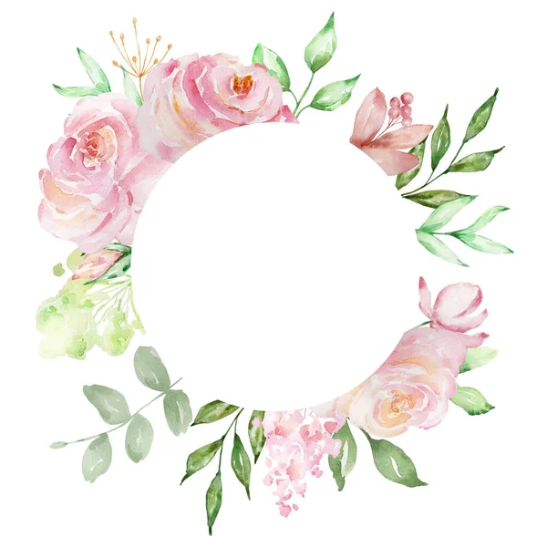 Watercolor Frame Delicate Pink Roses Green Leaves — Foto de Stock