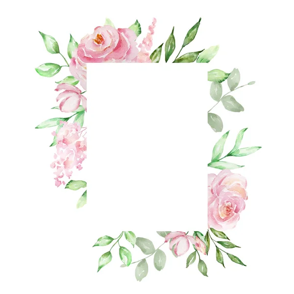 Watercolor Rectangular Frame Delicate Pink Roses Green Leaves — Stockfoto