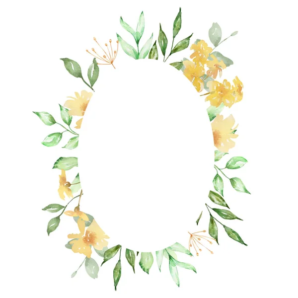 Akwarela Owalna Ramka Delikatnych Żółtych Kwiatów Zielonych Liści — Zdjęcie stockowe
