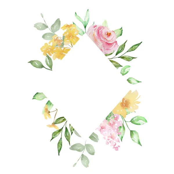 Акварельна Рамка Ромба Ніжних Рожевих Троянд Жовтих Квітів Зеленого Листя — стокове фото