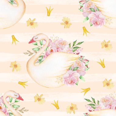 Kusursuz suluboya desenli narin kuğular, çiçekler, yapraklar ve bej bir arka planda taçlar.