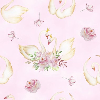 Kusursuz suluboya desenli narin kuğular ve pembe arka planda gül buketleri.