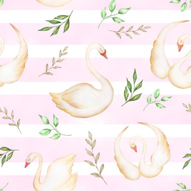 Seamless pattern of watercolor tender swans and green branches with leaves