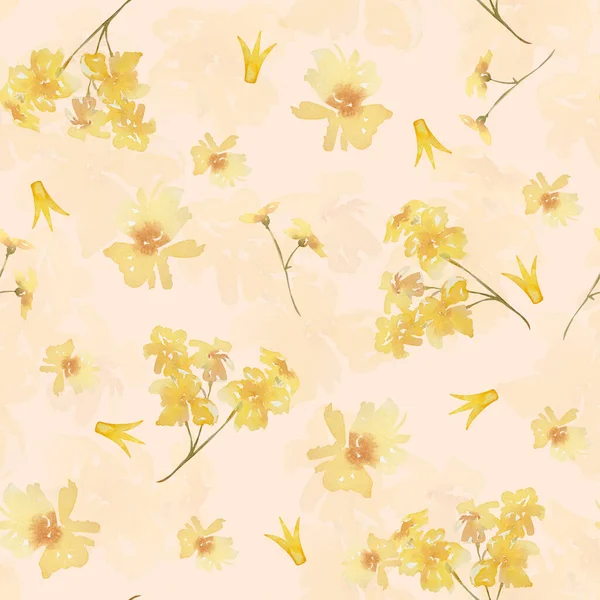 Seamless Pattern Watercolor Yellow Flowers Beige Background — Stock Photo, Image