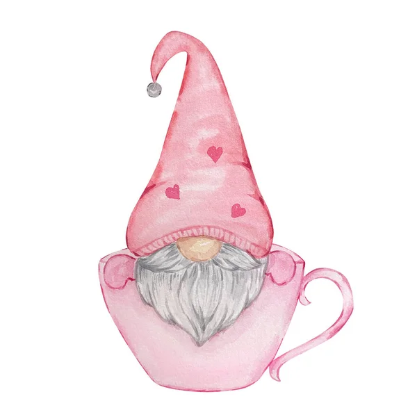 水彩画可爱的粉色情人节小妖精在杯子里 — 图库照片