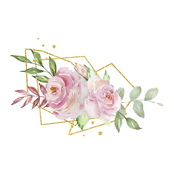 Υδατογραφία Μπουκέτο Από Ντελικάτα Τριαντάφυλλα Και Χρυσό Γεωμετρικό Πλαίσιο — Φωτογραφία Αρχείου