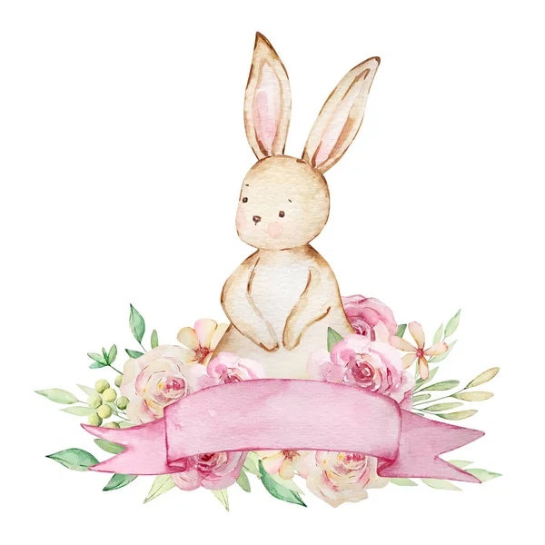 Acquerello Primavera Pasqua Illustrazione Coniglietto Con Fiori Banner — Foto Stock
