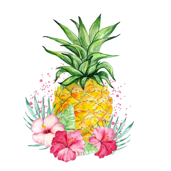 Aquarelle Ananas Aux Fleurs Tropicales Lumineuses — Photo