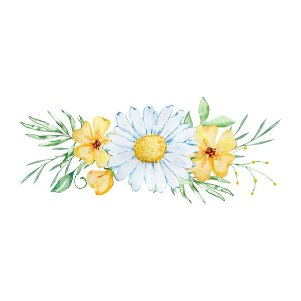 Buquê Camomila Aquarela Flores Silvestres Amarelas Para Design Convite — Fotografia de Stock
