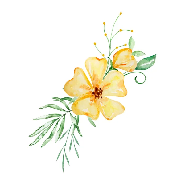 Bouquet Watercolor Yellow Wildflowers Green Branches Invitation Design — Foto de Stock