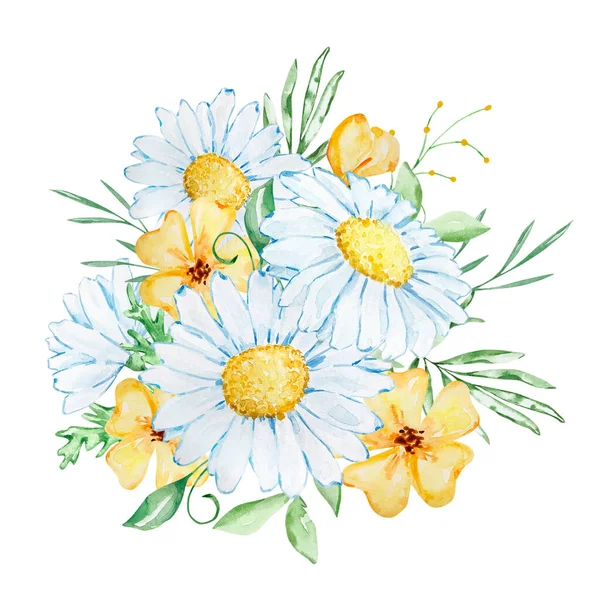 Buquê Camomila Aquarela Flores Silvestres Amarelas Para Design Convite — Fotografia de Stock