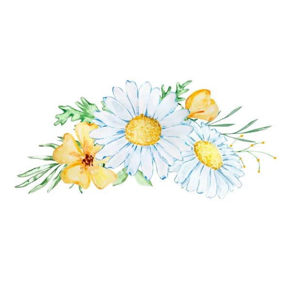 Bouquet Watercolor Chamomile Yellow Wildflowers Invitation Design — Fotografia de Stock