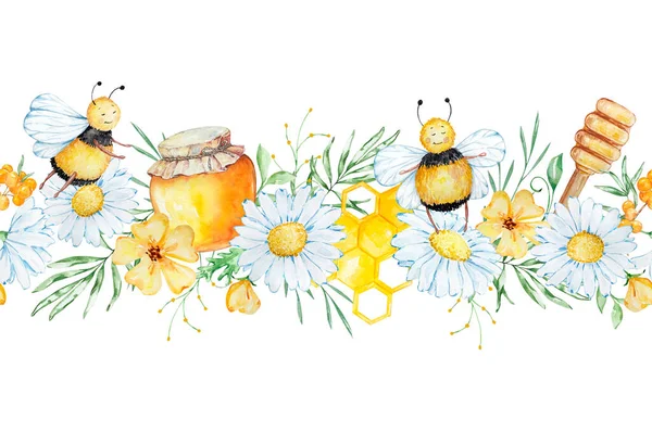Seamless Floral Border Watercolor Daisies Leaves Honey Bees — 图库照片