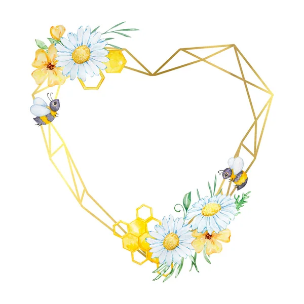 Golden Geometric Heart frame of watercolor chamomile, leaves, bees and honeycombs