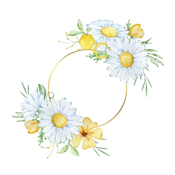 Golden Frame Watercolor Chamomile Leaves Honeycomb — 스톡 사진