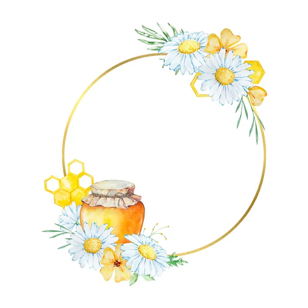 Golden round frame with watercolor daisies, leaves and honey
