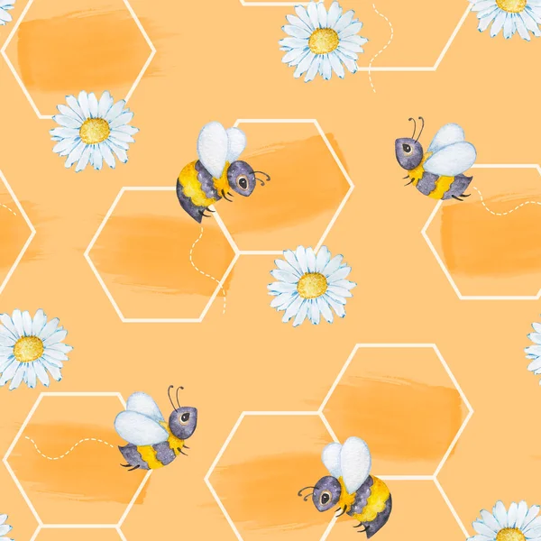 Seamless Pattern Watercolor Honeycombs Cute Bees Chamomile — 스톡 사진
