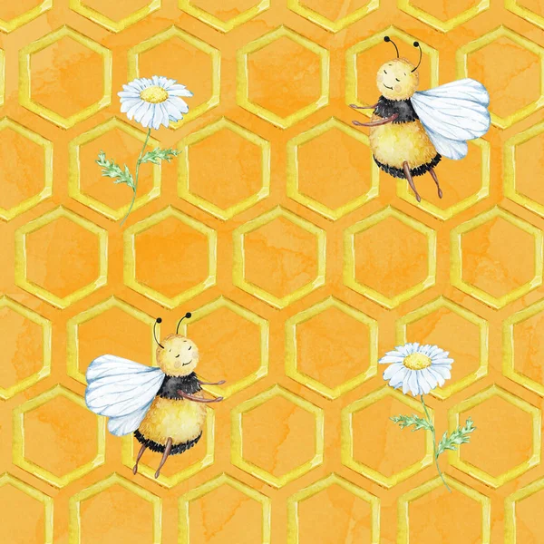 Seamless Pattern Watercolor Honeycombs Cute Bees Chamomile — 图库照片