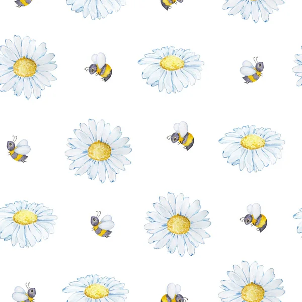 Seamless Pattern Watercolor Honey Bees Blooming Daisies White Background — Foto de Stock
