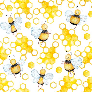 Beyaz arka planda suluboya bal arıları ve bal peteklerinin kusursuz deseni