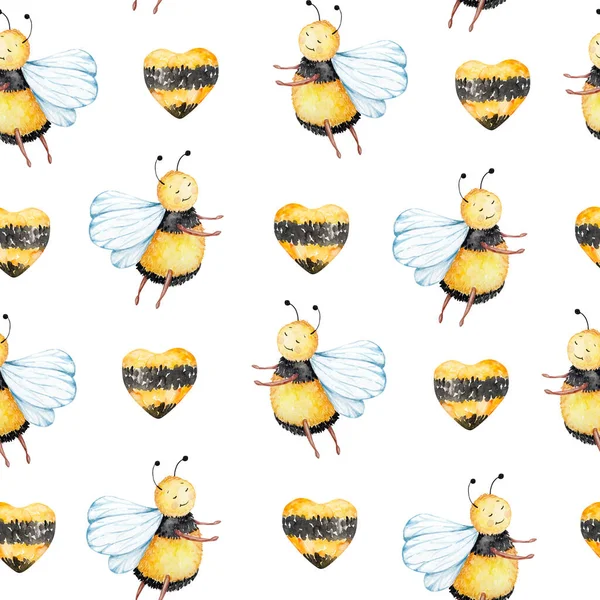 Seamless pattern of  watercolor honey bees and yellow-black hearts on a white background