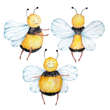 Watercolor honey set, different honey bees on a white background