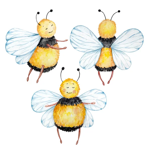 Watercolor Honey Set Different Honey Bees White Background — 图库照片
