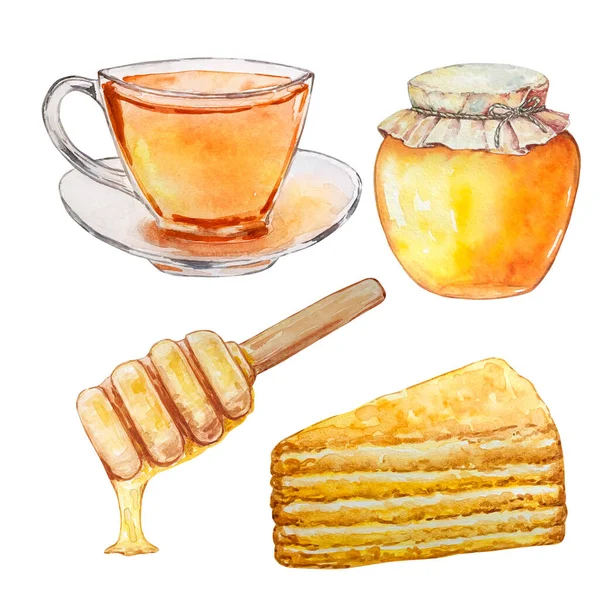 Watercolor Honey Set Honey Jar Honey Cake Cup Tea — Φωτογραφία Αρχείου