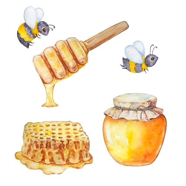 Watercolor Honey Set Bees Honey Jar Honeycombs White Background — стоковое фото