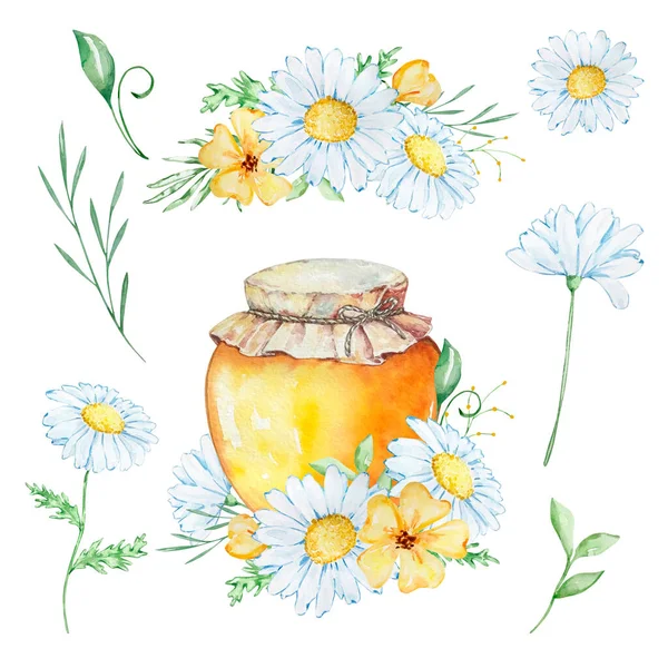 Watercolor Honey Set Jar Honey Bouquet Daisies White Background — 스톡 사진